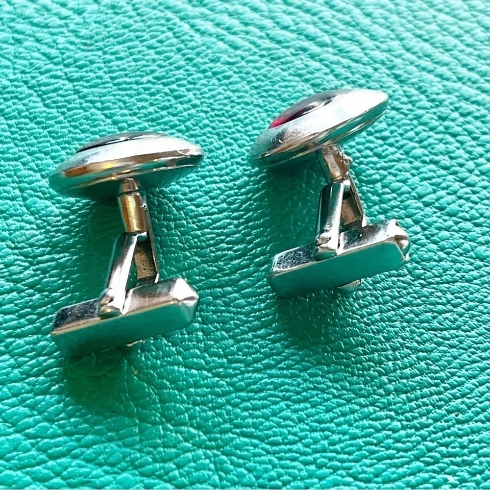 SWANK Cufflinks Silver Tone Garnet Red Cabochon Bullet Signed Classic Vintage